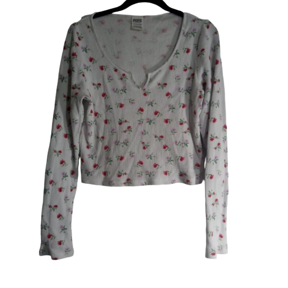 PINK Top Thermal Sz XL Cropped Pink Red Small Flowers On White Cotton